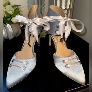 Badgley Mischka Silver Satin Pumps With Bow Tie Laces